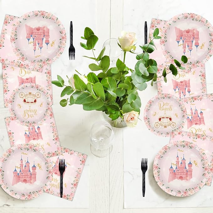 96 Pcs Princess Party Supplies - Pink Floral Tableware Set With Plates and Napkins for Girls Birthday Baby Shower - Decorations and Favors Serving 24