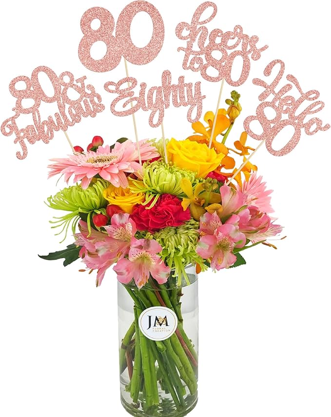 Gyufise 15Pcs 80th Birthday Centerpiece Sticks Eighty Happy 80th Table Flower Centerpieces Sticks Cheers to 80 Floral Decorations for 80th Birthday Party Centerpieces Supplies Rose Gold