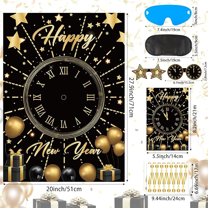 Hooqict New Years Party Games for Kids Family 2026 Pin The New Year’s Eve Games Countdown Clock Holiday Party Activities Supplies, Large Pin The Games Poster with 32 Stickers