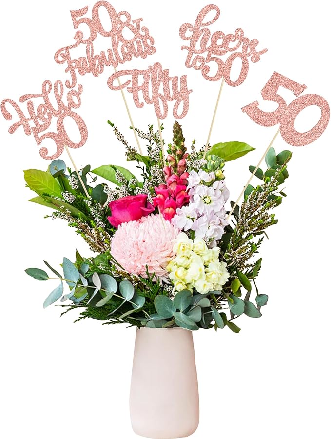 Gyufise 15Pcs 50th Birthday Centerpiece Sticks Fifty Happy 50th Table Flower Centerpieces Sticks Cheers to 50 Floral Decorations for 50th Birthday Party Centerpieces Supplies Rose Gold