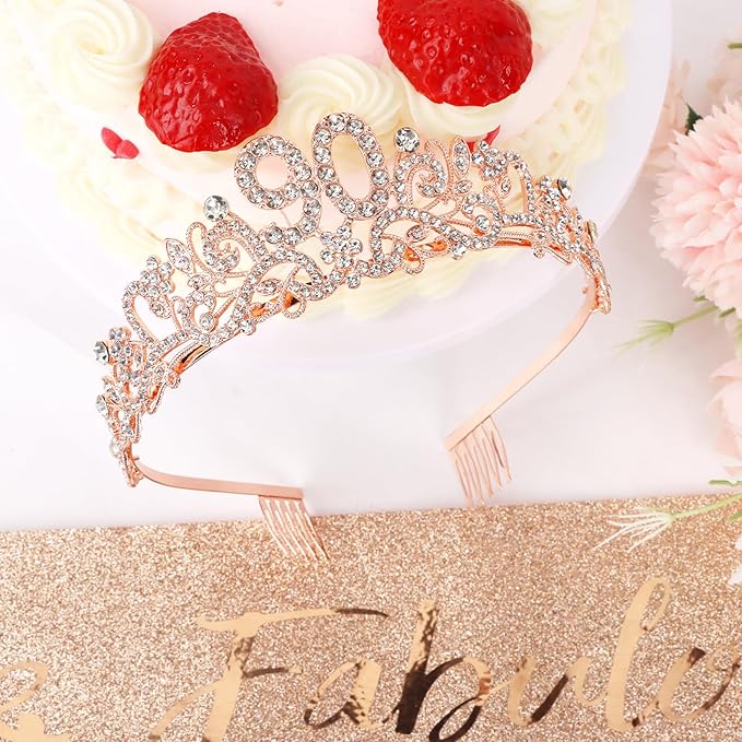 Semato 90th Birthday Decorations for Women- Birthday Crown and Sash Glitter Kit Gifts for Women Party Supplies and Favors (90th)
