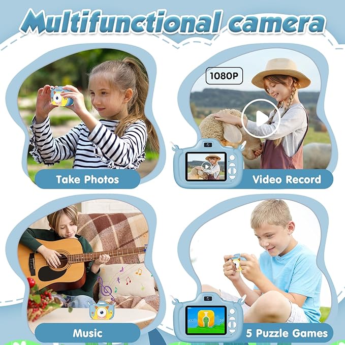 Kids Camera with Flashlight & 2.4in Screen, 1080P Dual Lens Toddler Camera - Christmas Birthday Gift for 3-12 Year Old Girls Boys, Kids Digital Camera with 32GB Card & Shockproof Case