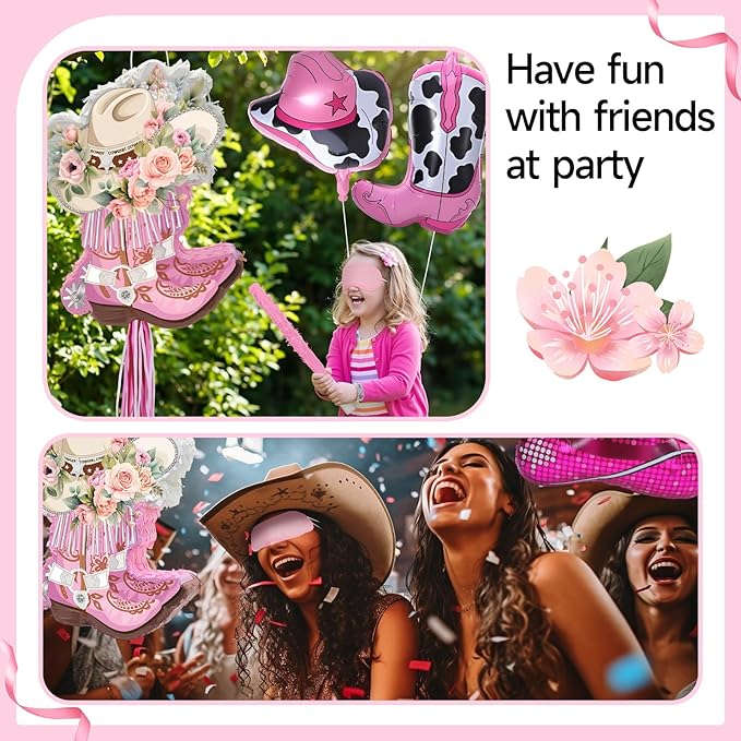 119pcs Cowgirl Boot Piñata Party Kit with Blindfold Hitting Stick Confetti Balloons Snap Bracelets Stickers for Western Cowboy Theme Birthday Party Decors