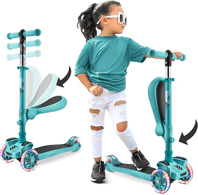 Hurtle 3-Wheeled Scooter for Kids - Wheel LED Lights, Adjustable Lean-to-Steer Handlebar, and Foldable Seat - Sit or Stand Ride with Brake for Boys and Girls Ages 1-14 Years Old