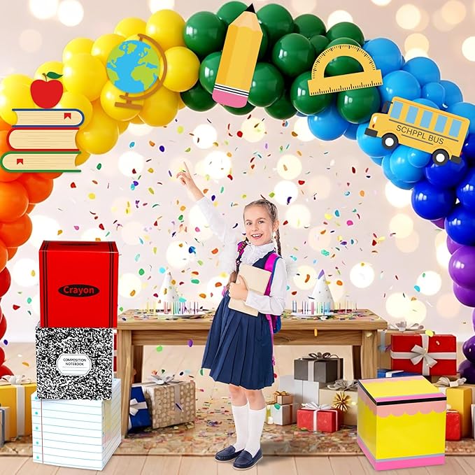 Back to School Party Decoration Balloon Box Sets Includes Pencil Crayon Notebook Line Drawing Balloon Boxes with School Bus Book Globe Ruler Large Cards for Teacher Props Pencils Photo Prop Supplies