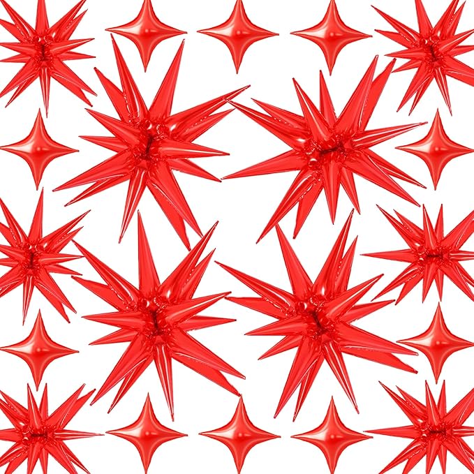 20 Pcs Star Balloons 27”22”Explosion Foil Balloon- 12 Point Red Spike Balloons and Four Pointed Star Balloon for Party Supplies Christmas Birthday Wedding Photo Booth (Red)