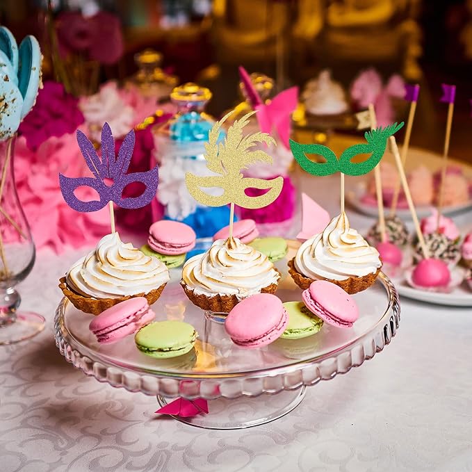 Gyufise 24 Pack Masquerade Masks Cupcake Toppers Multicolor Glitter Bachelorette Mask Cupcake Topper Mask Cake Picks Decorations for Masquerade Mardi Gras Party Baby Shower Birthday Party Supplies
