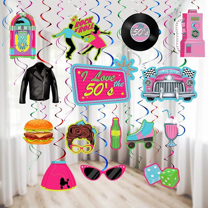 30 Pieces 1950's Rock and Roll Party Decorations Sock Hop 50s Foil Swirl Rock Themed Party Supplies Soda Shop Hanging Swirls Ceiling Decorations for 50's 60's Theme Supplies