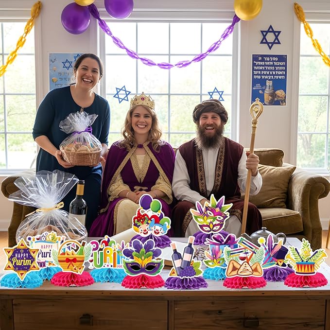 Happy Purim Decorations for Party - 12PCS Purim Party Honeycomb Centerpieces Table Decor, Jewish Groggers Hamantaschen Festival Holiday Carnival Supplies