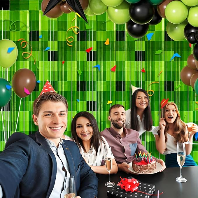 3.2x6.6ft Green Foil Fringe Curtains Pixel Birthday Party Decorations, 4 Pcs Video Game Door Streamers Banner Gaming Birthday Party Decorations Supplies for Boys Favors
