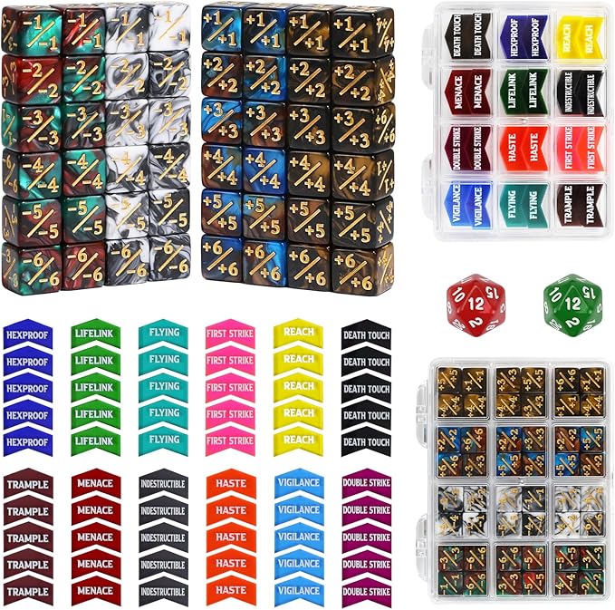110 Pieces MTG Keyword Tokens 12mm Counters Dice for Magic The Gatering, MTG Abilities Keyword Buff Tokens D6 D20 Life Counter Dice for TCG CCG Magic Card Games Accessories
