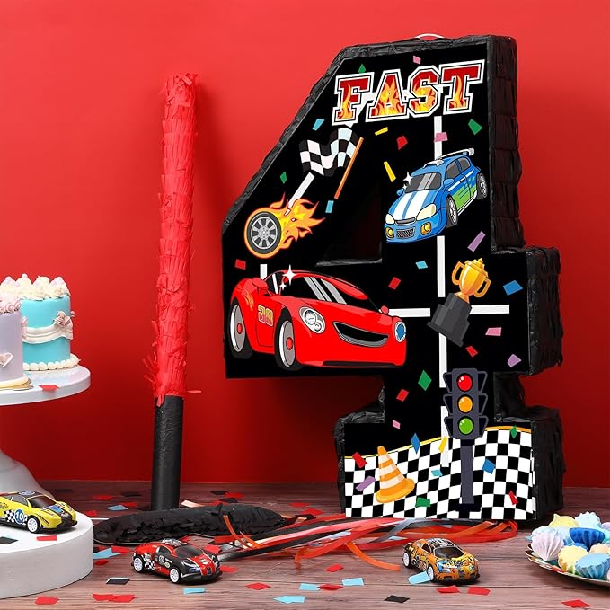 Race Car Piñata Pull String Cars Piñatas for Birthday Party Decorations Number 2 3 4 5 6 with Blindfold Stick Small Red Black Racing Theme 2nd 3rd 4th 5th 6th Party Supplies(Number 4)