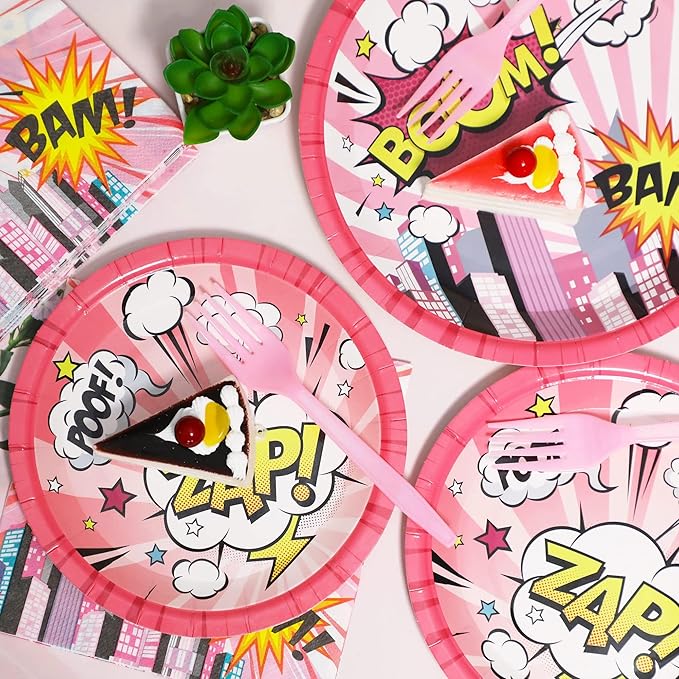 96 Pcs Super Girl Hero Plates and Napkins Party Supplies Pink Comic Heroes Tableware Set Super Theme Hero Party Decorations Favors for Girl Birthday Baby Shower Serves 24