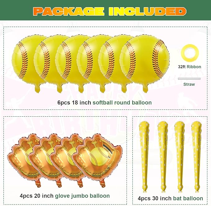 Softball Party Decoration,17pcs Softball Banner Paper Garland,Glove Balloons, Balloons,Bat Balloons for Sports Theme Supplies Gender Reveal Baby Shower Decoration,Boys Girls Birthdays Party Supplies