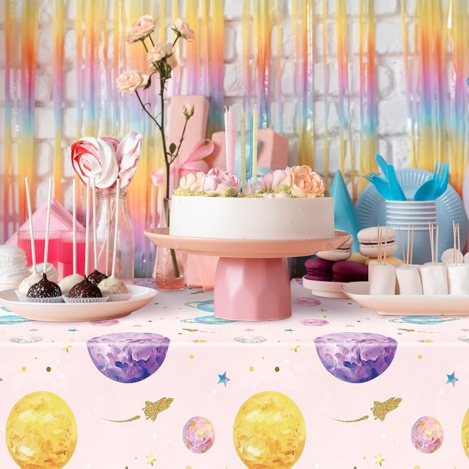 Pink Watercolor Table Cover - 3-Pack 54 X 108 Inch Pink Watercolor Outer Space Disposable Plastic Rectangle Print Table Cloth Baby Shower Kids Birthday Party Tablecloths Decoration Supplies