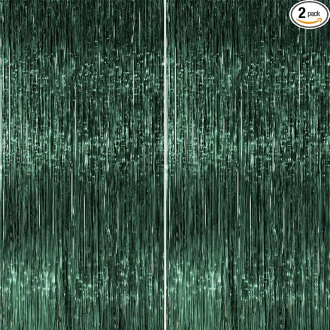 PartyWoo Green Streamers Backdrop 2pcs Green Tinsel Foil Fringe Streamer Curtains 8.2 FT Curtains Photo Backdrop for Graduation Birthday Dinosaur Jungle Golf Football Theme Party Decorations