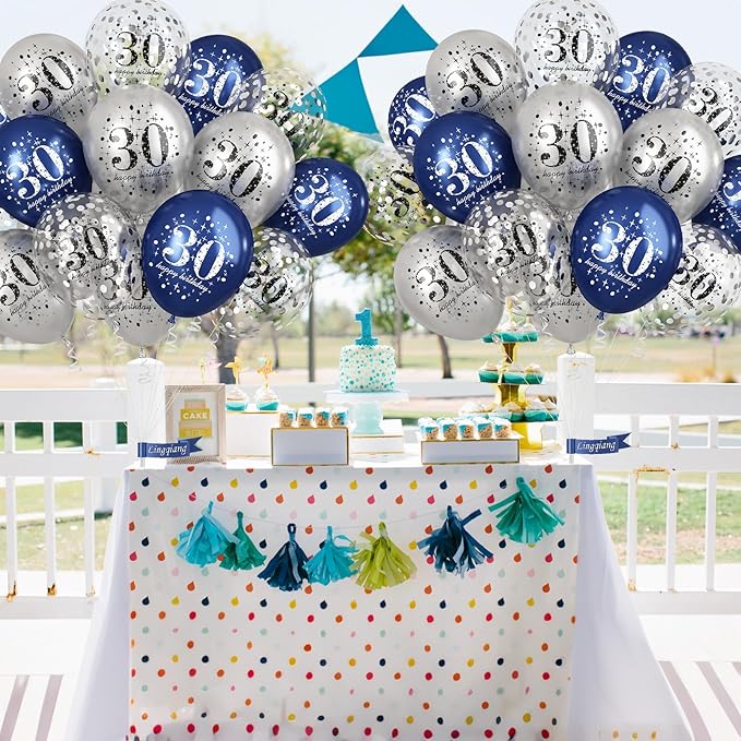 Blue Silver 30th Birthday Latex Balloons, Navy Blue Silver Happy 30th Birthday Party Decorations for Men, 15 Pcs 30th Balloons for Him Age 30 Years Old Birthday Celebration Party Decorations Supplies