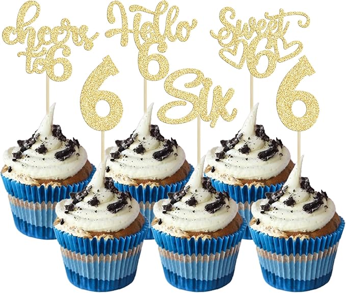 30Pcs 6th Birthday Cupcake Toppers Glitter Six Hello 6 Cupcake Picks Cheers to 6 Years Old Cake Decorations for 6th Birthday Party Supplies Gold