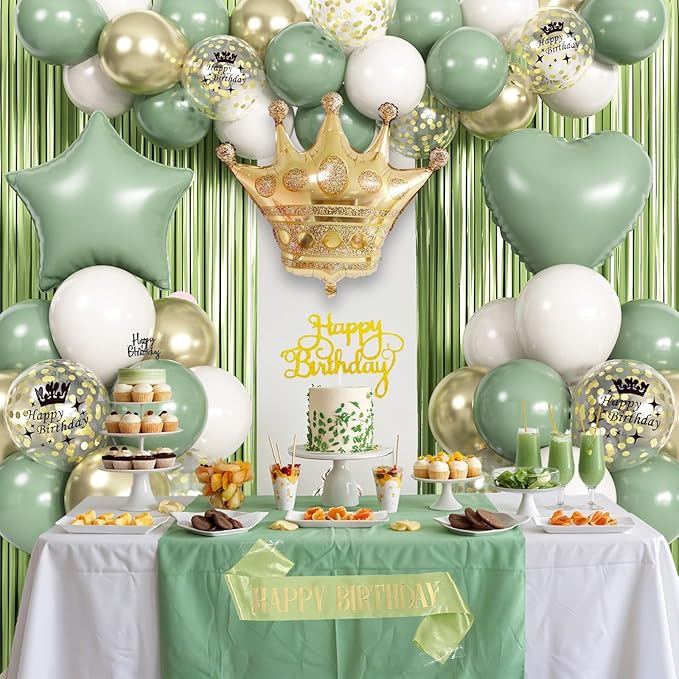 Sage Green Birthday Decorations with Olive Green Fringe Curtain Sash Foil Balloon Eucalyptus White Gold Latex Balloons Happy Birthday Banner for Girls Women Party Decoration