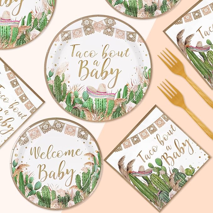 96Pcs Taco Bout a Party Decorations Taco Bout a Baby Plates and Napkins Tableware Sets Mexican Fiesta Party Decorations for Boys Girls Cactus Gender Reveal Birthday Supplies Serve 24