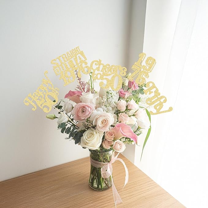 Gyufise 15Pcs Happy 50th Birthday Centerpiece Sticks Fifty Straight Outta 1976 Table Flower Centerpieces Sticks Cheers to 50 Decorations for 50th Birthday Party Supplies Gold
