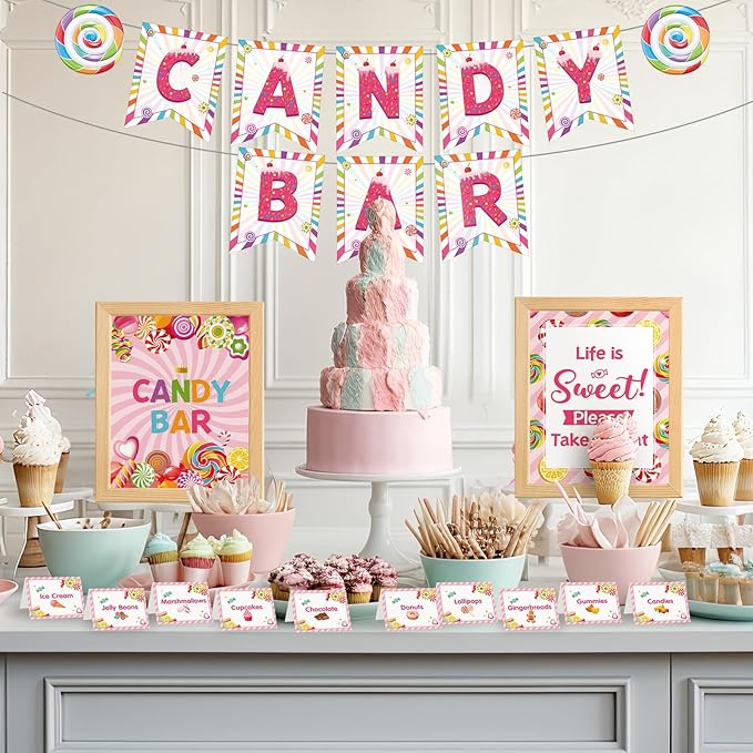 Outus 32 Pcs Christmas Candy Bar Decorations Kit Candy Bar Banner Sweet Candies Peppermint Table Signs Food Labels Tent Cards for Candies Sweet Birthday Baby Shower Wedding Party Decor Supplies