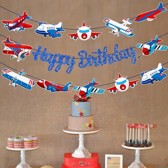 Airplane Birthday Party Supplies Pre-strung Airplane Banner Aviation Theme Birthday Decorations 3PCS Aircraft Plane Party Paper Banners for Helicopter Pilot Baby Shower Supplies