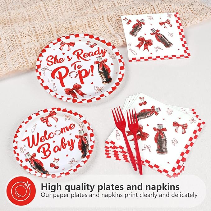 96Pcs She's Ready to Pop Baby Shower Decorations Soda Pop Drink Themed Plates and Napkins Red White Bow Gingham Disposable Paper Tableware Set for Girls Baby Shower Party Supplies Serves 24