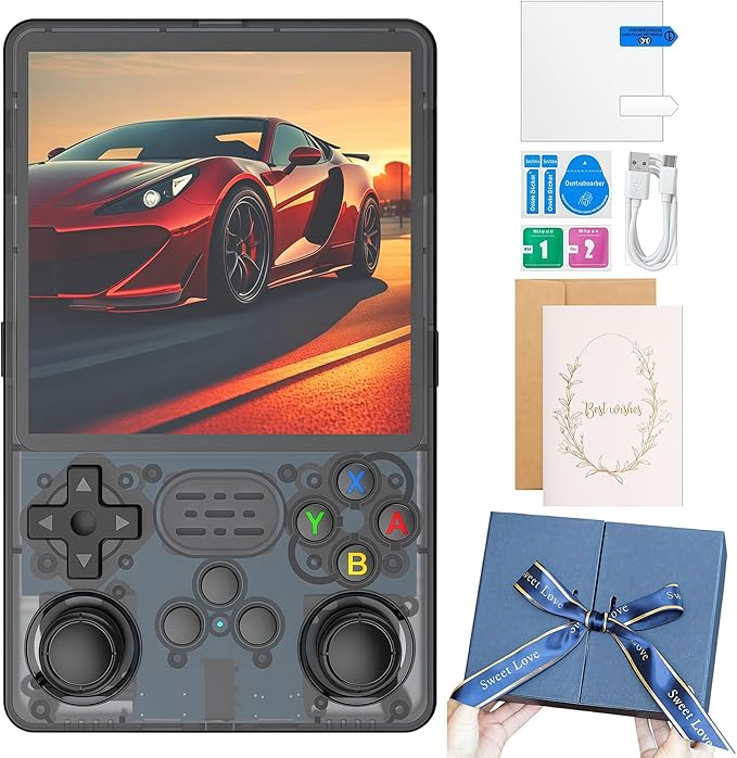 HatiLuminis R36plus Handheld Retro Game Console 4.0-inch IPS Screen,Preloaded with Classic Games,Portable Pocket Video Gaming with Valentine's Card & Premium Gift Box (Black)