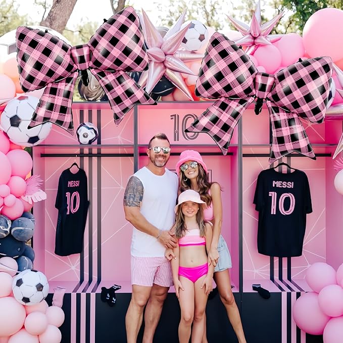 4Pcs Pink Black Gingham Bow Balloons/Sweet Sassy Y2K Party Decor/Bad Two The Bone Party/Korean Idol Demon Hunters/Little Devil Aesthetic/Bad Girl Birthday/Checkered Plaid Foil Balloon/Night Out Decor