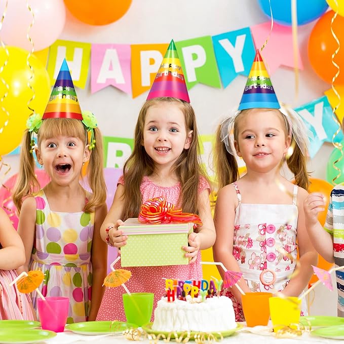 Geyoga 100 Pieces Rainbow Birthday Party Hats for Kids and Adults Colorful Paper Cone Hats Bulk Party Supplies