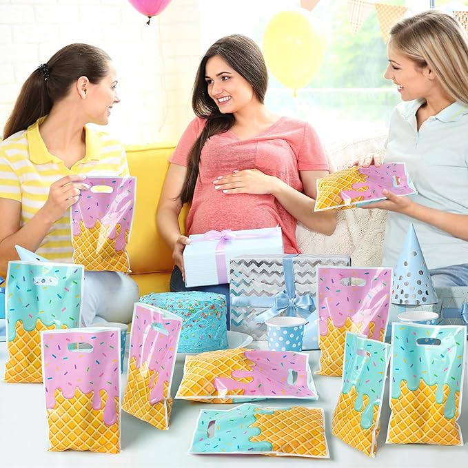 Ice Cream Party Favor Bags - 50Pcs Plastic Sweet Candy Goodie Treat Gift Bag with Handles Cute Summer Ice Cream Theme Birthday Party Supplies Baby Shower Wedding Decor
