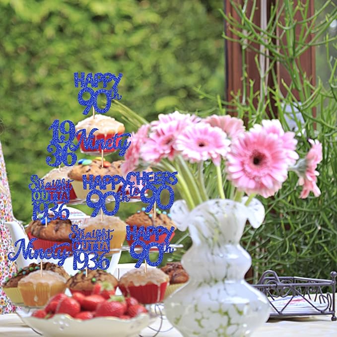 30 PCS 90th Birthday Cupcake Toppers Glitter Ninety Happy 90 Straight Outta 1936 Cupcake Picks for Cheers to 90 Fabulous 90th Birthday Anniversary Party Cake Decorations Supplier Blue