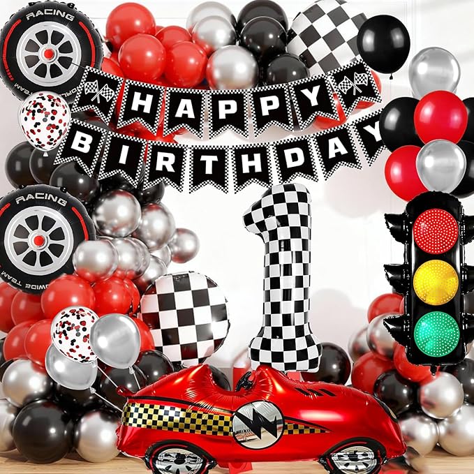 Race Car Birthday Party Decorations, with 40 Inch Number 1 Balloon, Happy Birthday Banner, Traffic Light and Foil Tire Balloon for 1st Car Themed Birthday Party Supplies