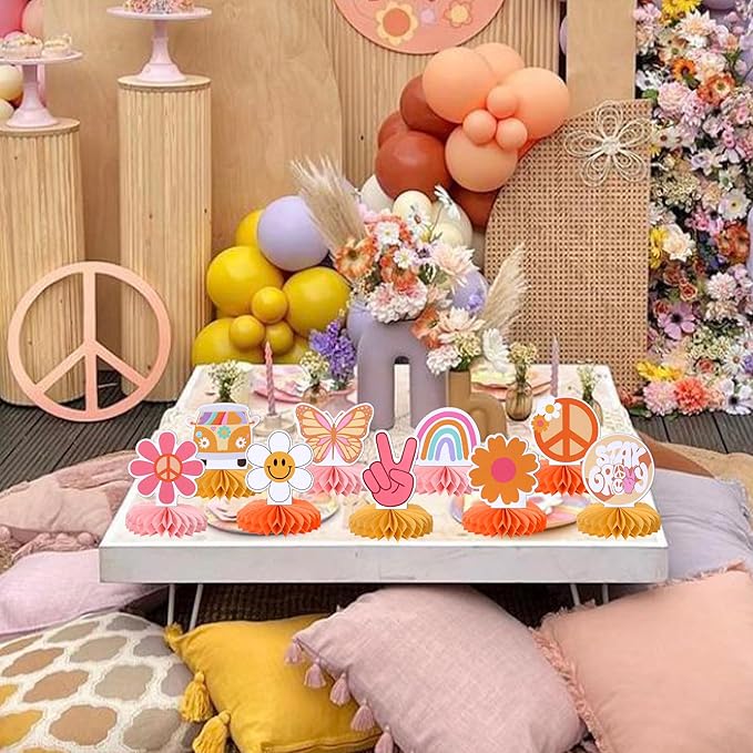 9 PCS Hippie Party Honeycomb Table Centerpiece Peace Sign Hand Butterfly Dasiy Flower 60s Retro Boho Two Groovy Table Toppers Centerpieces Decorations for Hippie Carnival Birthday Party Supplies
