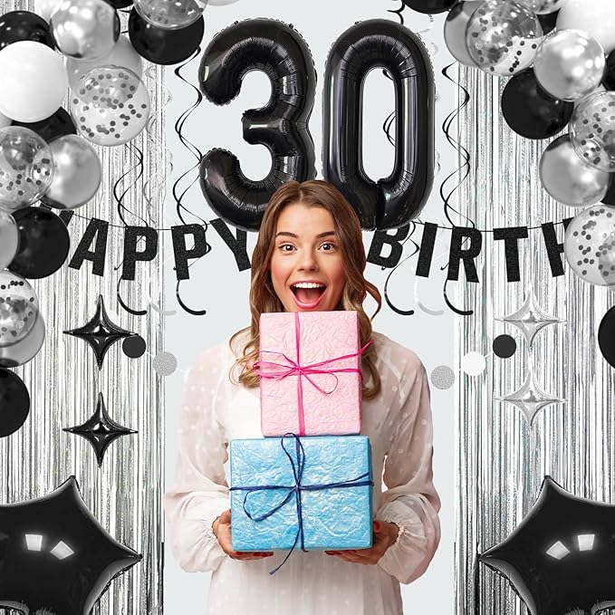 30th Birthday Decorations for Boys Girls, Silvery and Black Happy 30th Birthday Banner ,Number 30 Balloons Arch Kit for 30 year old Birthday Party Decorations