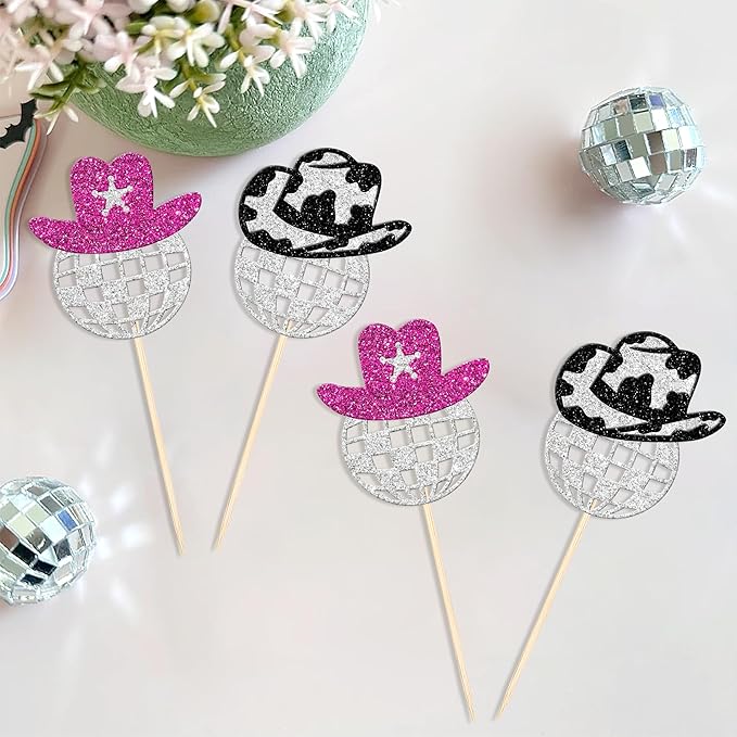 24 PCS Sparkling Disco Ball Cupcake Toppers Western Cowboy Hat Cupcake Picks Cowgirl 70s Disco Balls Cupcake Decorations for 1970s Music Disco Theme Birthday Party Cake Decorations Supplies
