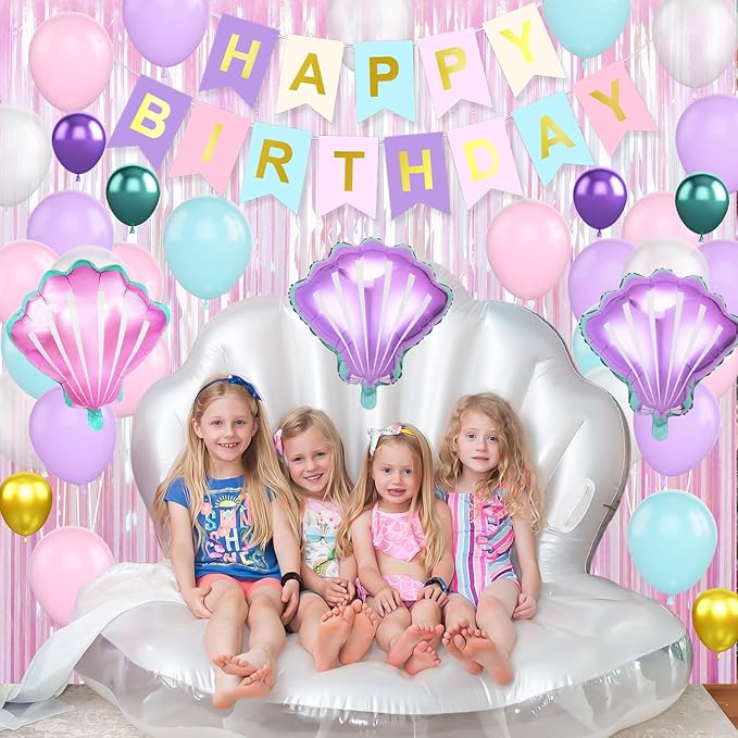 Mermaid Birthday Decorations Supplies, Purple Pink Teal Blue Balloons Happy Birthday Banner Cake Topper Shells Foil Balloon Pink Fringe Curtain for Women Girls Kids Party Decorations