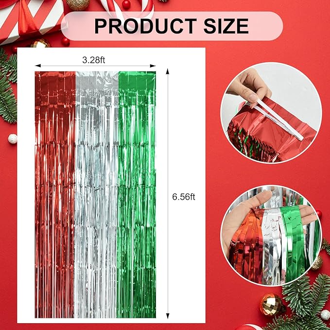 TONIFUL 3Pcs Red Silver Green Door Streamers,Photo Booth Backdrop Metallic Streamers Foil Fringe Curtains for Birthday,Christmas,New Year,Bachelorette,Grad Party Streamers Decor(9.9ft x 6.6ft)