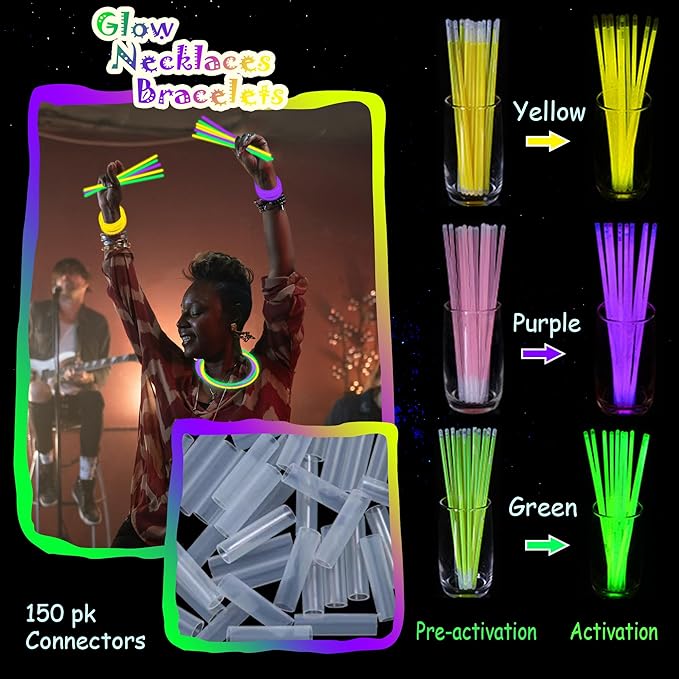 150 pk 8" Green Yellow Purple Glow Sticks Bulk Party Favors, Light up Glow Necklaces & Bracelets in the Dark Party Supplies For Christmas Halloween Birthday Mardi Gras (Green Yellow Purple)