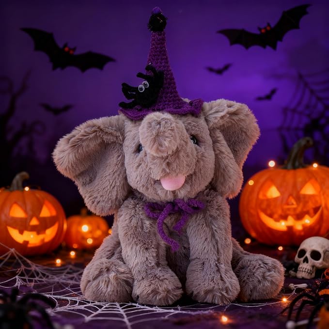 Hopearl Adorable Halloween Plush Calf Elephant Toy with Knitted Witch Hat Floppy Elephish Ultra Soft Stuffed Animal for Boys Girls Kids Toddlers, Gray, 10''