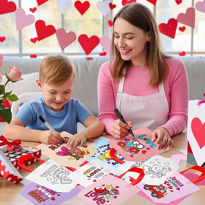 Valentine's Day Cartoon Coloring Goodie Bag for Kids - 24Pcs Christian Bulk Color Your Own Gift Bag with Handle Religious Reusable Coloring Non Woven Tote Bag for Valentine Party DIY Painting Craft