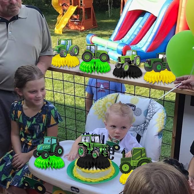 8 Pcs Farm Green Tractor Party Decoration, Farm Tractor Theme Honeycomb Centerpieces 3D Double Sided Table Decorations, Photo Booth Props for Kids Boys Girls Birthday Party Supplies