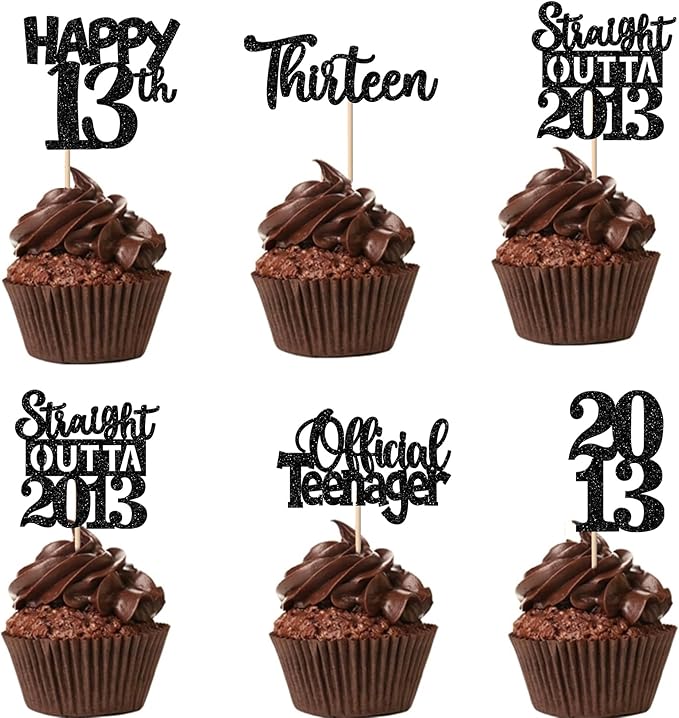 30PCS Black 13th Birthday Cupcake Toppers Glitter Thirteen Happy 13th Straight Outta 2012 Cupcake Picks for Cheers to 13 Years Birthday Anniversary Party Decorations Supplies