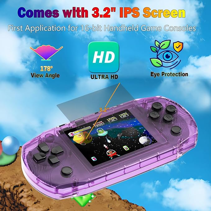 16 Bit 3.2" IPS Large Screen Handheld Game Console for Kids Preloaded 100 Retro Video Games, Portable Gaming System Rechargeable Battery, Mini Travel Electronic Toy Gifts for Boys Girls (Purple)