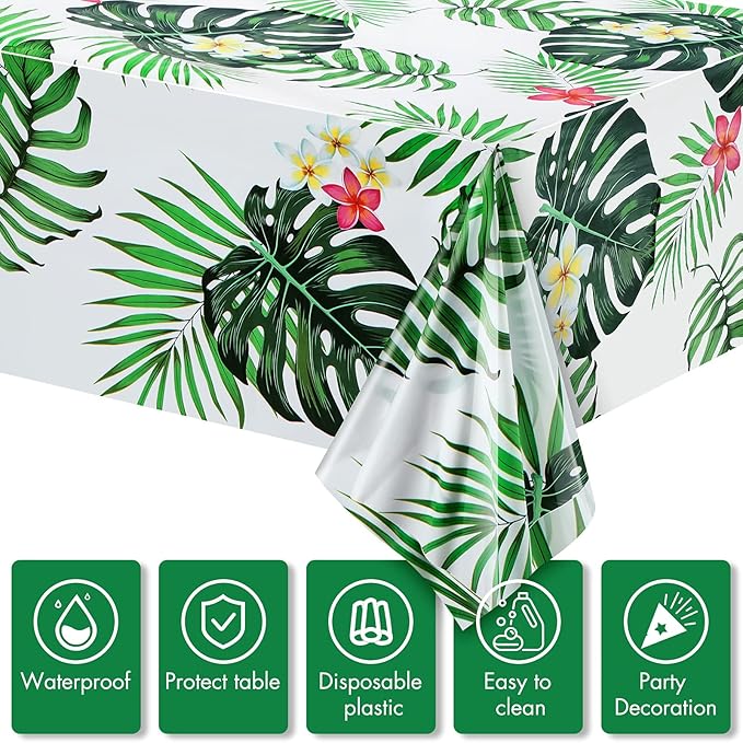 Animal Safari Tablecloth Jungle Animal Theme Tablecover Tiger Zebra Giraffe Print Table Cover Tropical Leaf Tablecloth Party Supplies for Jungle Safari Birthday Baby Showers (Greenery Style, 3 Pcs)