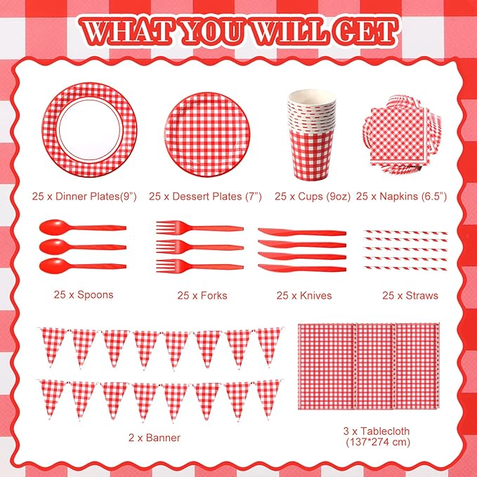 205 Pcs Party Supplies for 25 Guest Checkered Plaid Tablecloth Pennant Banner Plate Cup Napkin Cutlery and Straw for Birthday Family Dinner Picnic BBQ Birthday Party Decoration(Red and White)