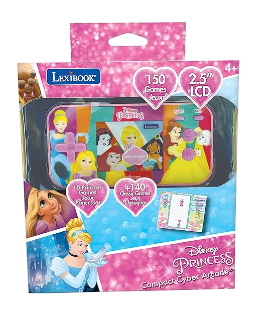 Lexibook Disney Princess Cinderella Ariel Rapunzel Compact Cyber Arcade® Portable Gaming Console, 150 Games, LCD Colour Screen, operates with Batteries, Pink, JL2367DP