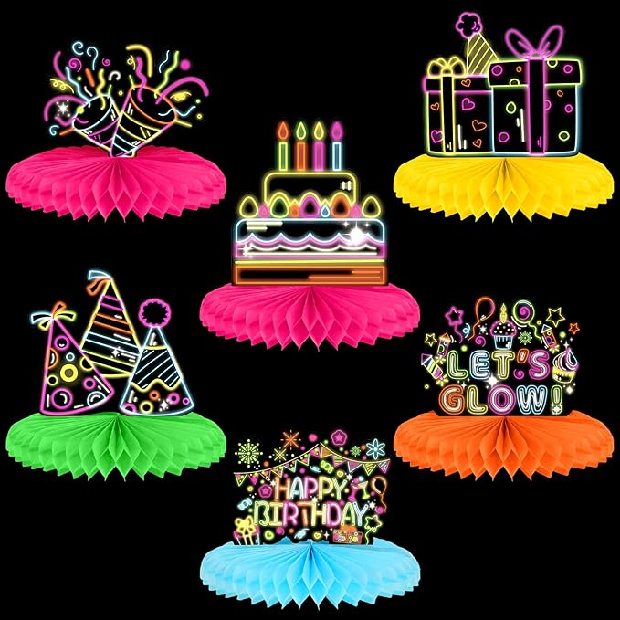 Chinco 6 Pcs Glow Party Birthday Centerpieces Neon Birthday Decorations Honeycomb Centerpieces for Tables Neon Party Supplies(Classic)