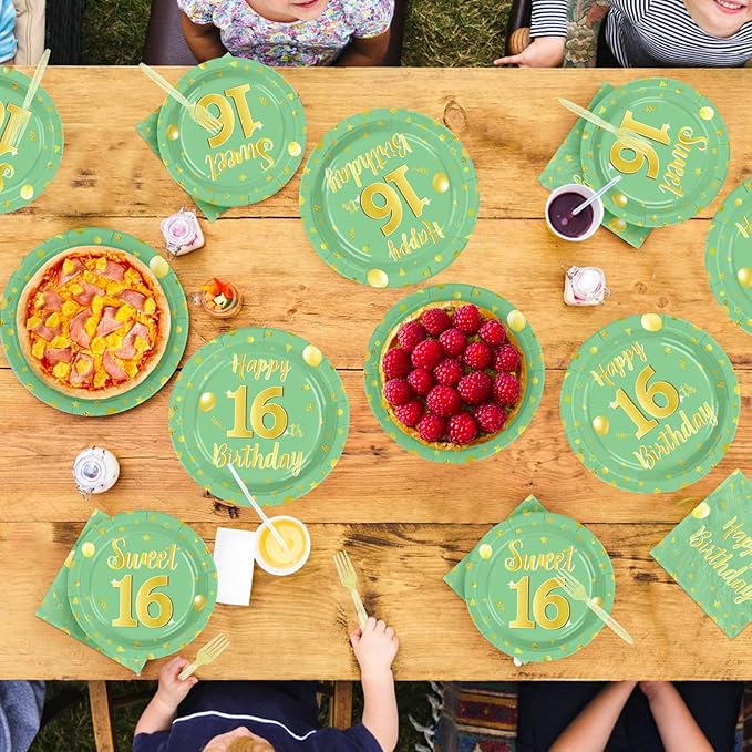 96 Pcs Sweet 16 Happy Birthday Party Decoration Sage Green and Gold Plates and Napkins Sweet 16th Birthday Tableware Set for Boy Girl 16 Years Party Supplies, Serves 24
